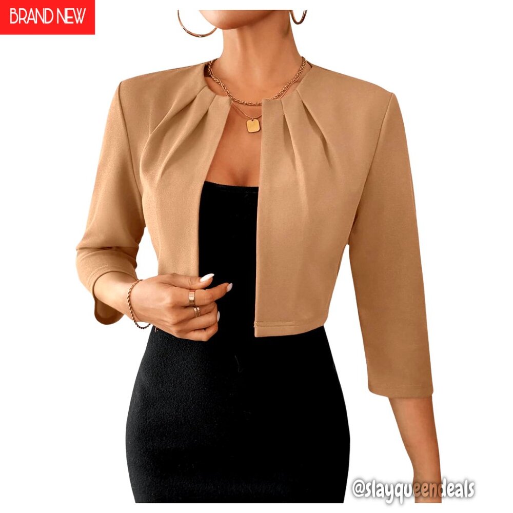 Cropped 3/4 Sleeve Open Front Blazer, Lightweight Stretch Fabric, Office Casual